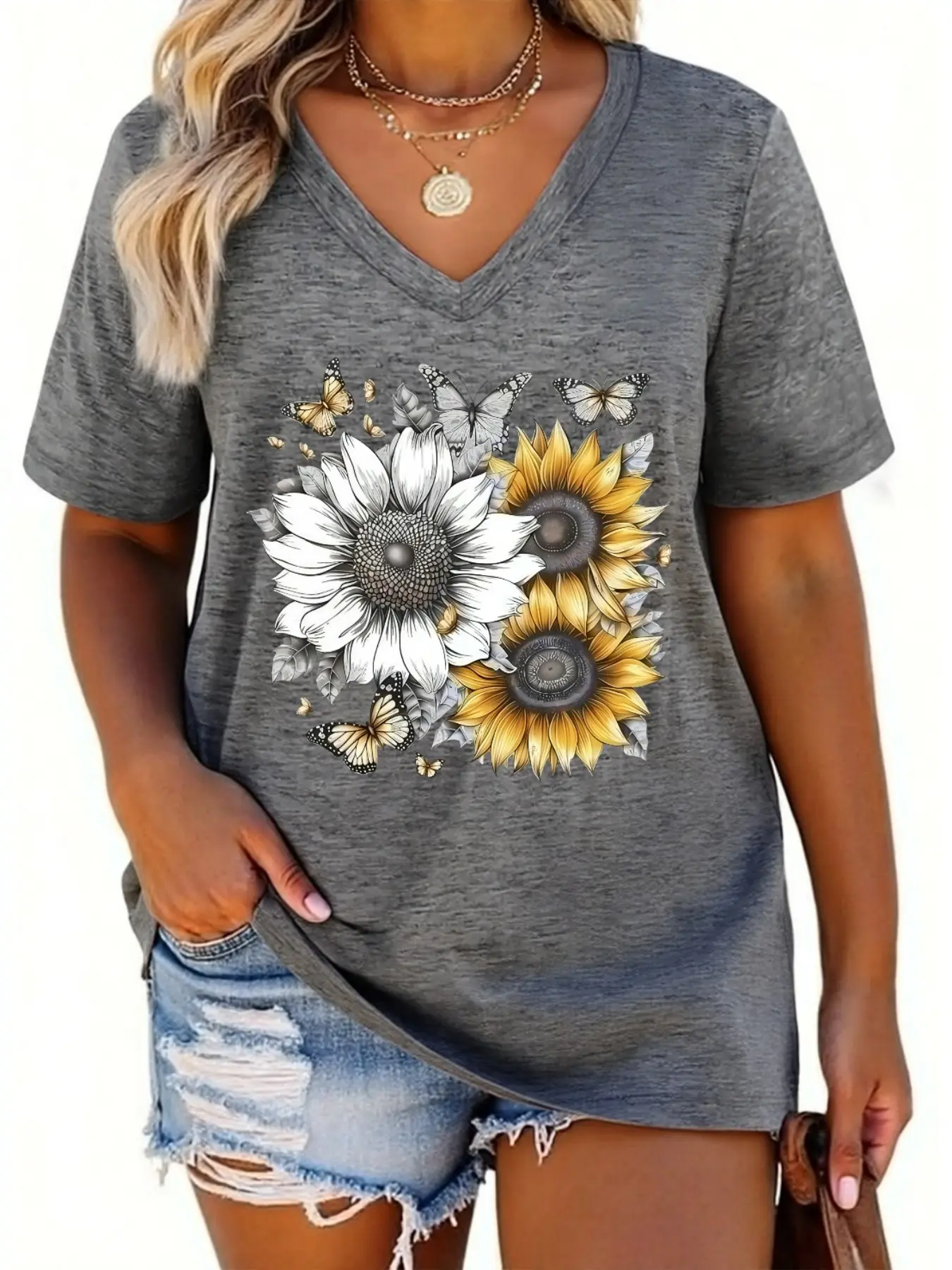 New Plus Size Oversized V Neck T-Shirt, Loose Fit Sunflower Floral Print Short Sleeve, Casual Summer Women's T-Shirt, Comfortable and Stylish