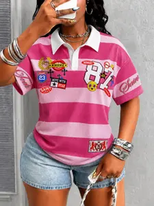 2026 Summer New Women's Colorblock Striped Polo Shirt, American Casual Short Sleeve T-Shirt, Mesh Breathable Loose Fit Top, Streetwear Trendy Fashion