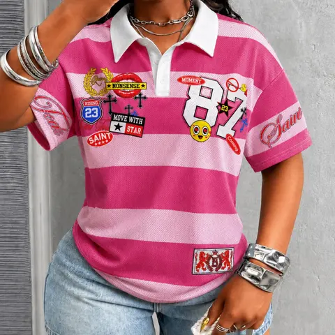 2026 Summer New Women's Colorblock Striped Polo Shirt, American Casual Short Sleeve T-Shirt, Mesh Breathable Loose Fit Top, Streetwear Trendy Fashion Shirts Women