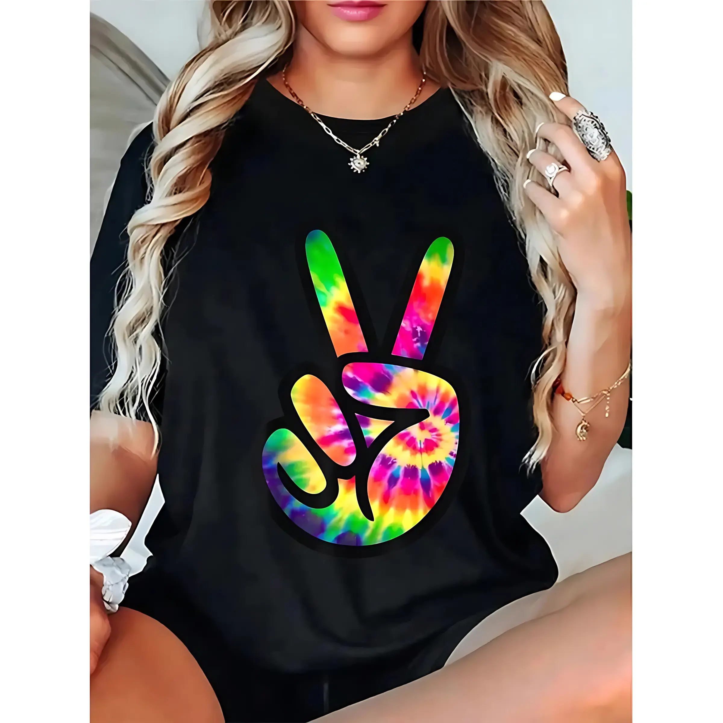 Women's Cotton Short-Sleeve Round Neck Tie-Dye Peace Sign Retro Graphic Tee, Comfortable Casual Everyday Statement Unisex Top