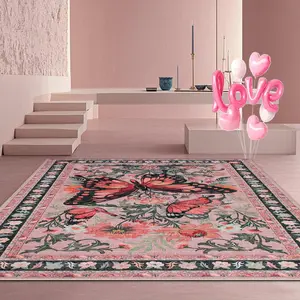 Velvet Home Rug with Butterfly Floral Print, Holiday Decor Carpet for Hallway Living Room Bedroom Door Mat Indoor Outdoor Use