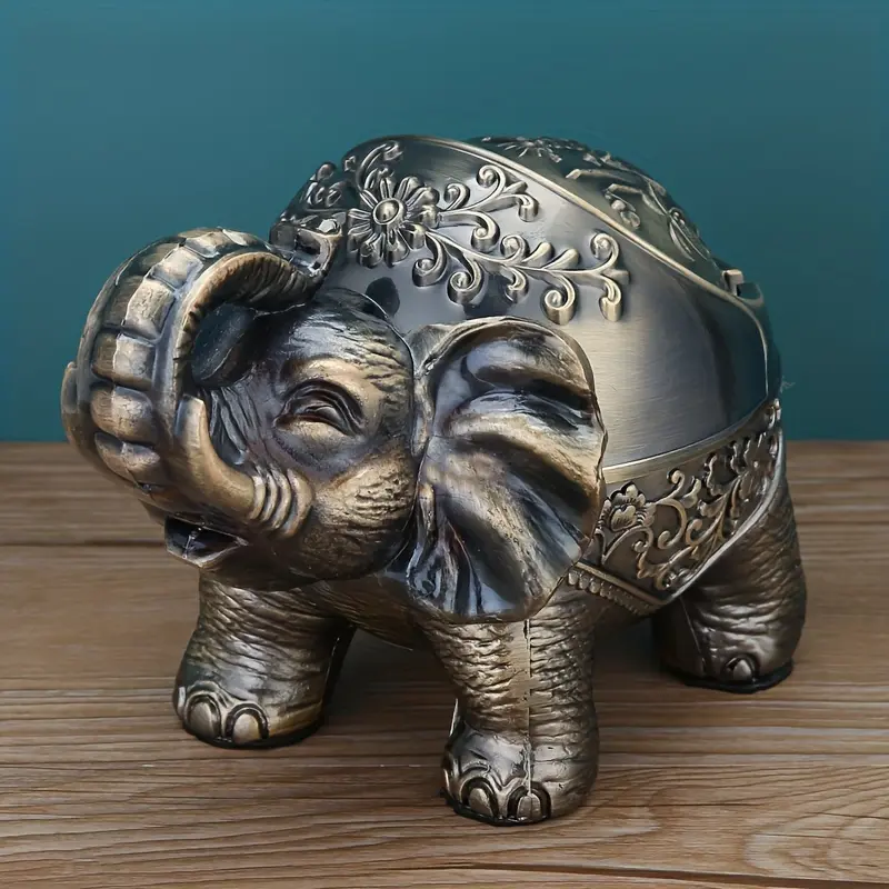 [1pc Luxury Elephant Ashtray] 1pc Elephant Ashtray, Metal Animal Ashtray, For Home Living Room Office Decor, Creative Retro Anti-fall Light Luxury With Lid Anti-fly Ash Ashtray, Christmas New Year Gifts Ornaments Bronze Elephant-1