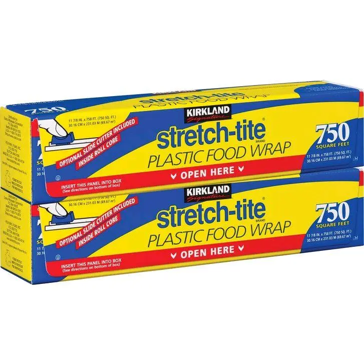 Kirkland Stretch-Tite Plastic Food Wrap, 750 Sq Ft Roll with Optional Slide Cutter Stored Inside the Core 2pack