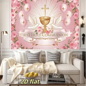 2D Flat, 1PC First Holy Communion background cloth, printed with First Holy Communion theme pattern, suitable for indoor First Holy Communion ceremony decoration, baptismal theme scene decoration, multiple sizes available, polyester material