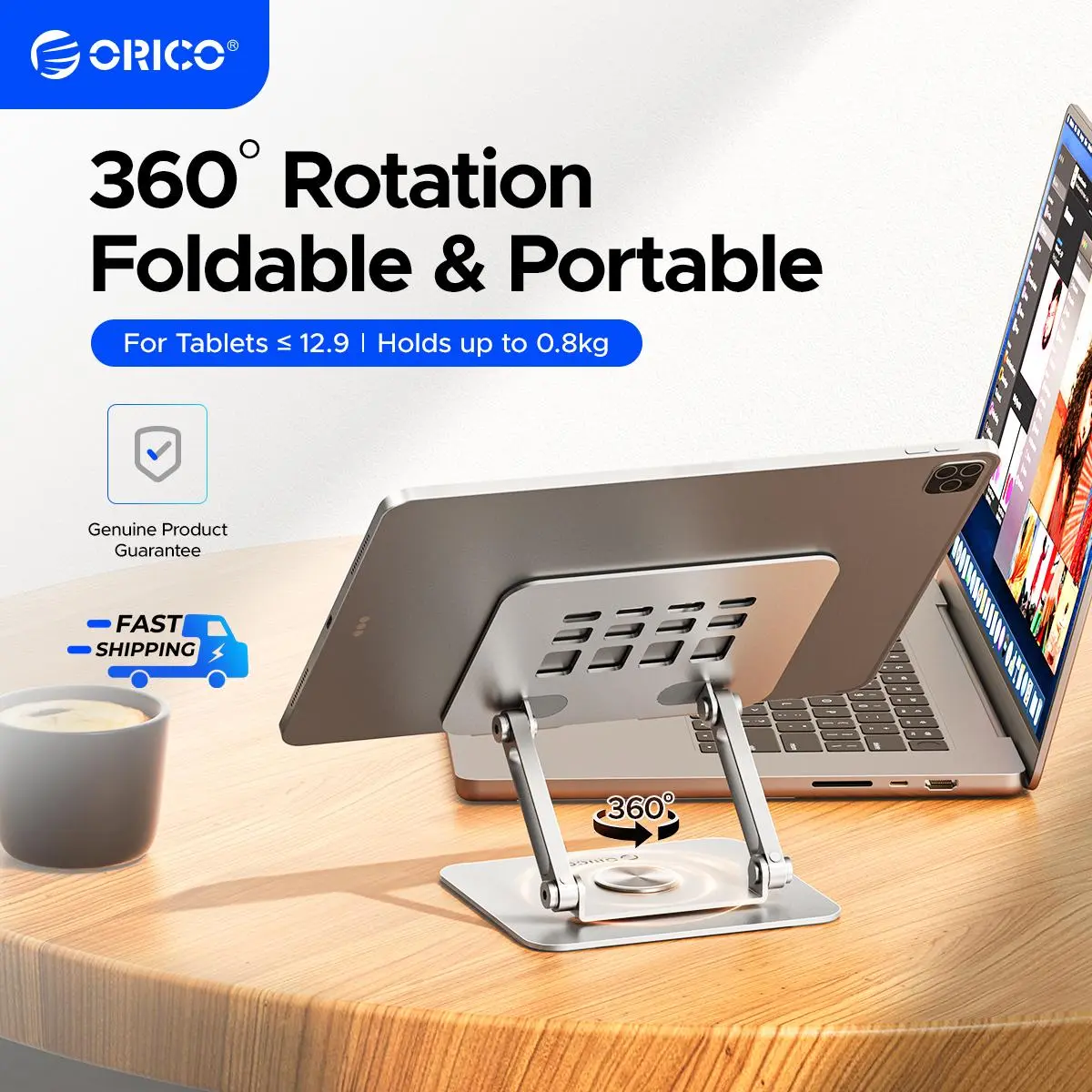 ORICO 360° Rotating Tablet Stand, Height Adjustable Aluminum Alloy Holder for Desk, Foldable Design for iPad Pro/Air/Mini up to 12.9", Samsung Galaxy Tab, Kindle & Switch - FB2