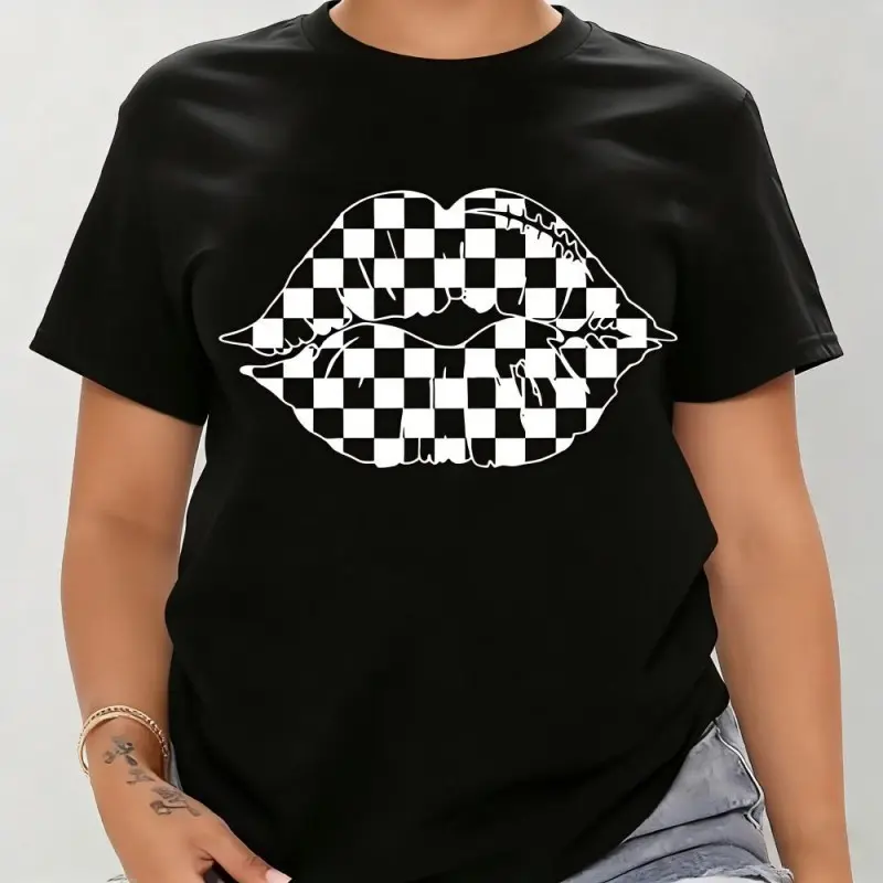 Womens Cotton Short Sleeve Graphic Tee Black Checkerboard Lips Print Crew Neck Casual Streetwear Top For Summer Outfit Concert Festival Going Out Lounge