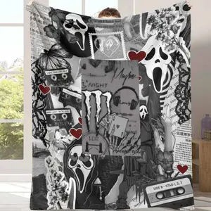 Black White Gothic Scream Collage Flannel Blanket Horror Mask Skull Heart Cassette Floral Print Soft Warm Cozy Plush Throw Perfect for Bedroom Sofa Halloween Party Gift Home Decor Lounge Use