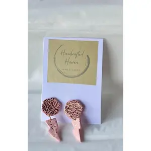 Handcrafted, Baby Pink and Copper, geometric, lightening bolt, Polymer Clay Earrings
