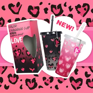 Thermochromic Water Cups with Straws, Reusable Large Capacity Sodas Cups, Perfect for Parties Summer Cold Drinks, Valentine's Day Gift, Fun Water Bottle, Drinkware, Elegant Bottle