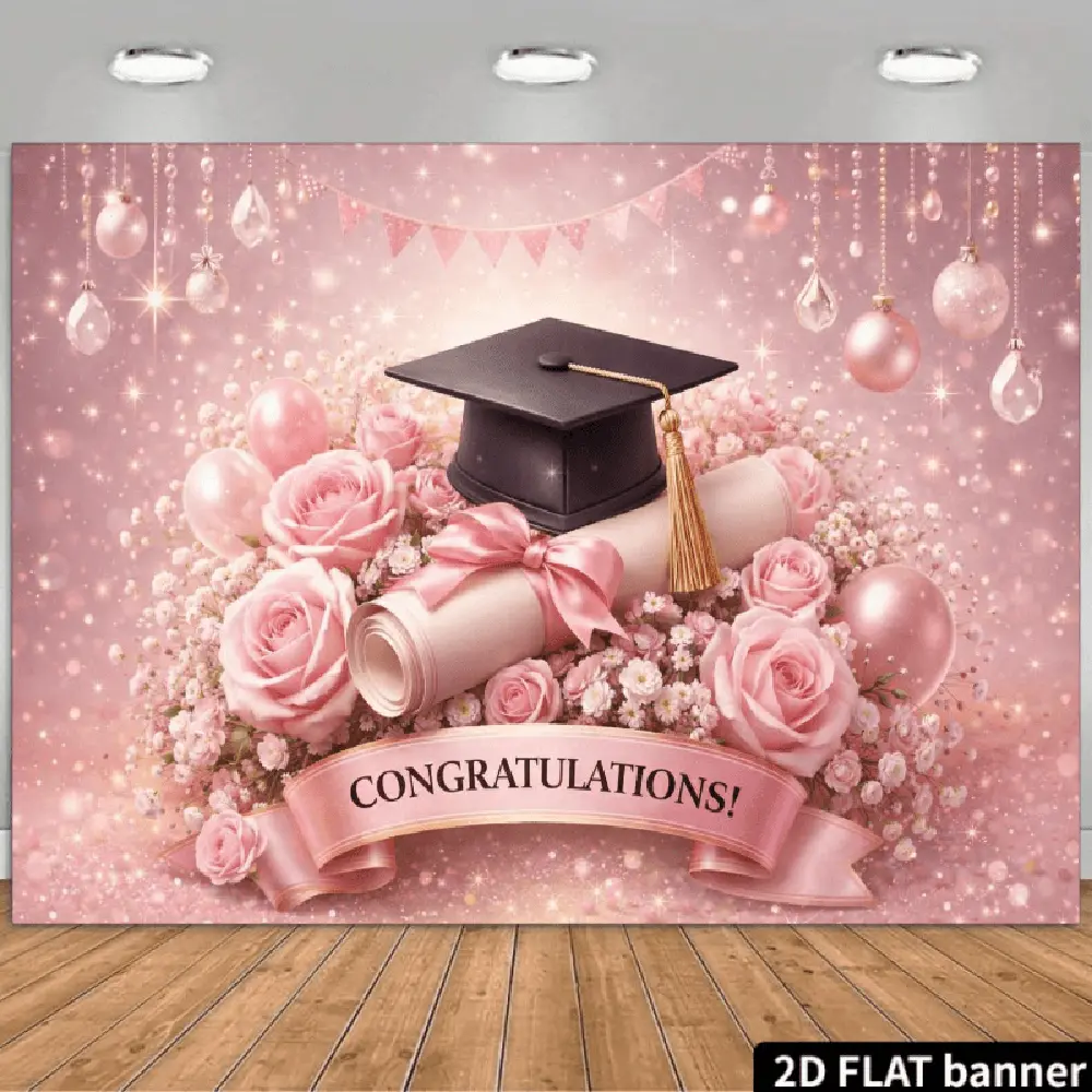 2D Flat Polyester Photography Backdrop Flat Banner, HD-Printed Pink Glitter Graduation Cap Diploma Roses Cloth for Graduation Party, Photo Booth, Event Decor