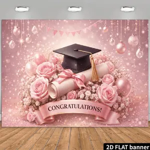 2D Flat Banner Polyester Photography Backdrop, HD Printed Pink Glitter Graduation Cap Diploma Roses Background Cloth for Graduation Party, Photo Booth, Studio Photoshoot, Event Decor, and Celebratory Pictures