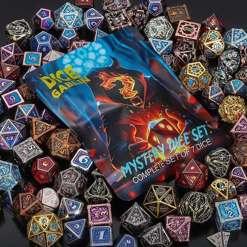 CIARAQ Durable Metal Mystery Dice Bag - Blind Surprise Bag with 1 Set Metal Mystery Polyhedral Dice (Complete 7-Piece: D4,D6,D8,D10,D12,D20,D%) for Dungeons and Dragons, Board Game Accessories
