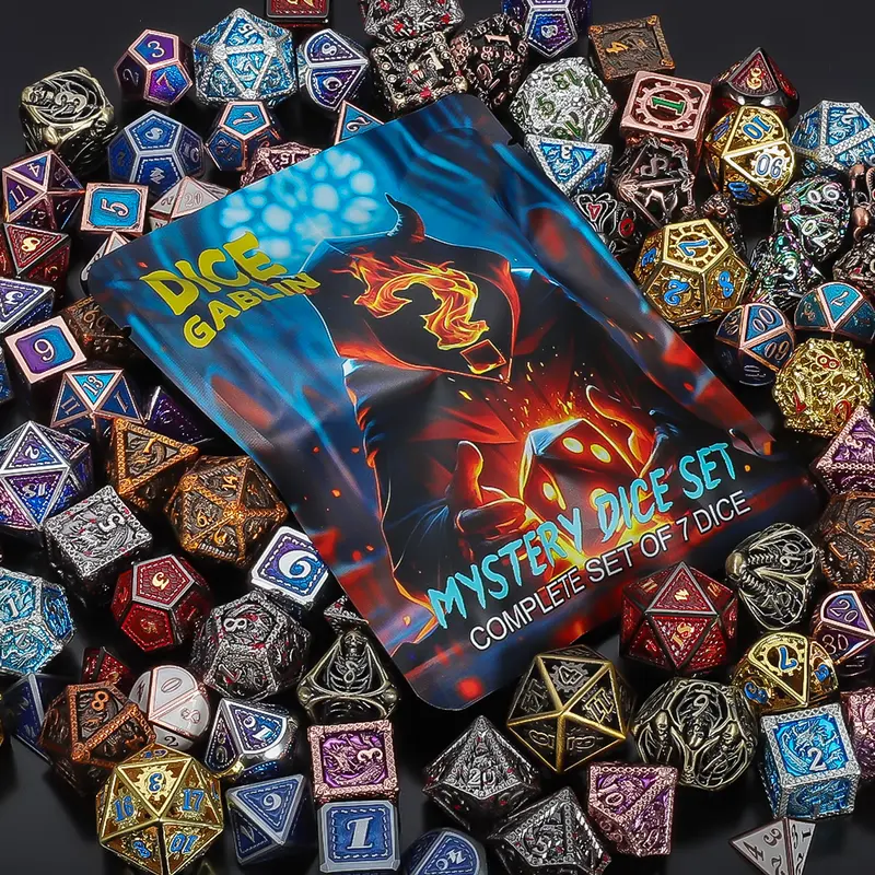 CIARAQ Durable Metal Mystery Dice Bag - Blind Surprise Bag with 1 Set Metal Mystery Polyhedral Dice (Complete 7-Piece: D4,D6,D8,D10,D12,D20,D%) for Dungeons and Dragons, Board Game Accessories