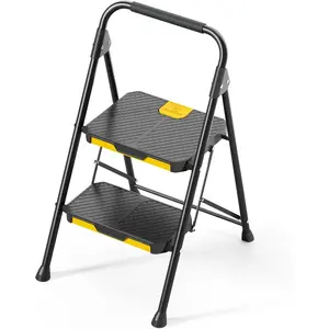 2 Step Ladder, Sturdy Steel Step Stool with Safe-Lock Design, Handrail, Anti-Slip Wide Pedals, Pass 800lbs Load Testing, Folding Portable Ladder for Multi-Purpose, , Kitchen, Black
