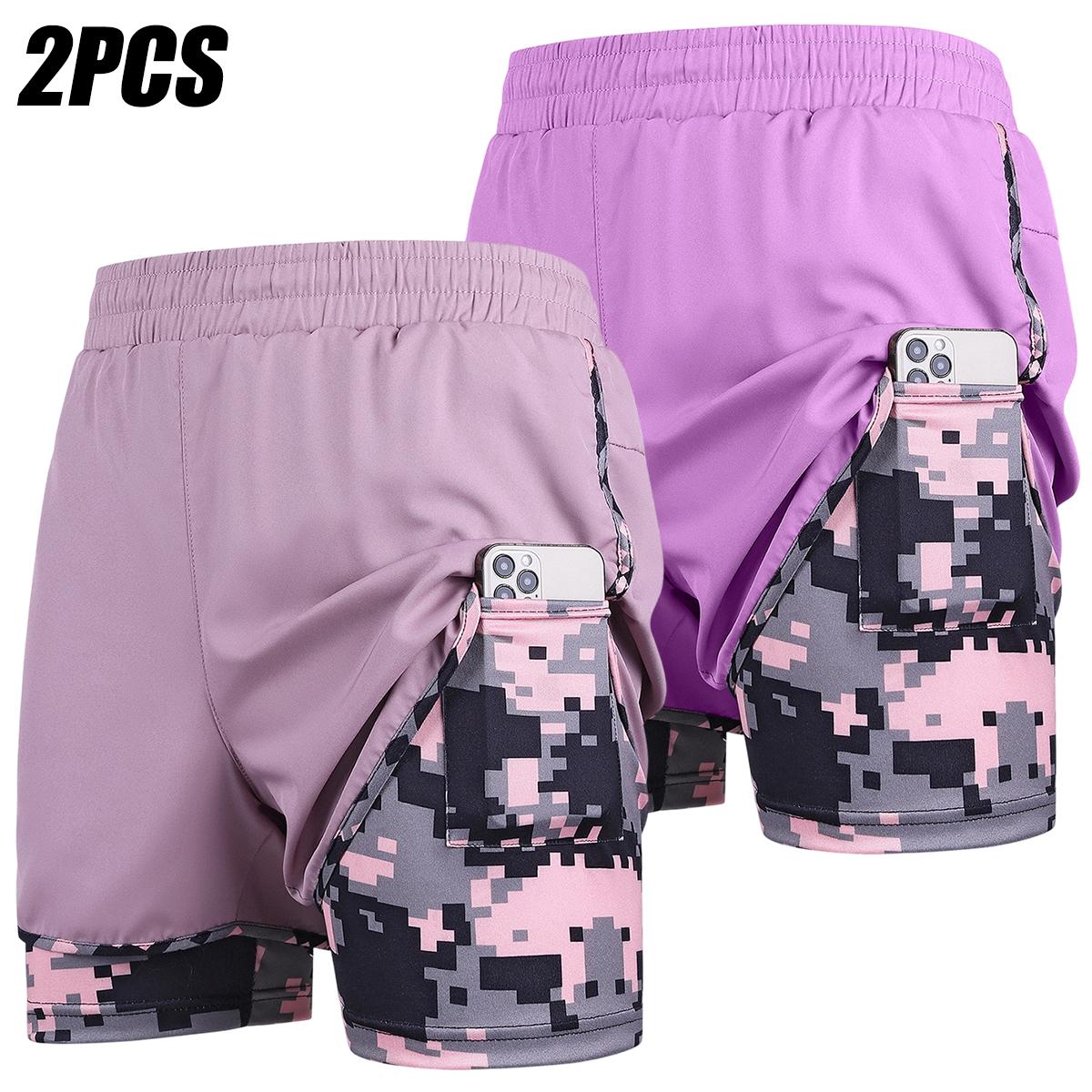 Women's Fashion Polyester Quick-Dry Breathable High-Stretch Tie Drawstring Athletic Shorts, Double-Layer Camouflage Lining, Anti-Exposure Design, Loose Fit for Fitness, Running