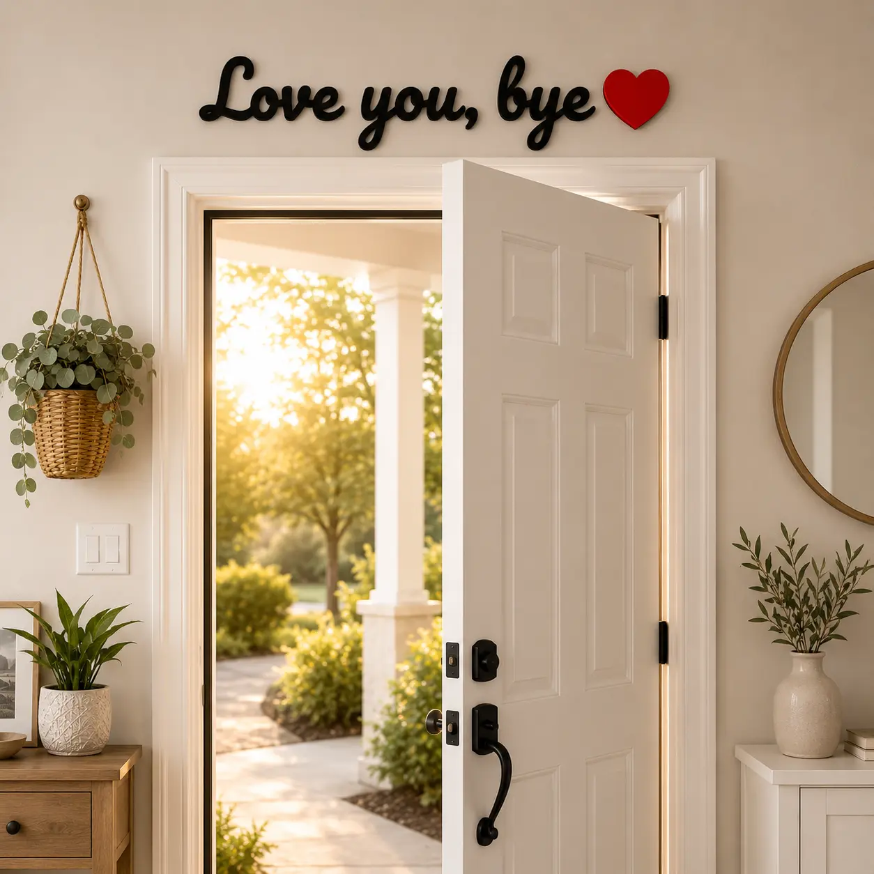 Lightweight Matte Black Heart "Love You Bye" Door Signage - Casual Decorative Wall Plaque, Easy-Install Entryway Home Decor, Family Gift