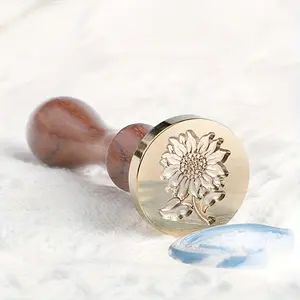 Vintage Wax Seal Stamp with Wooden Handle, Sunflower Design, Detachable Brass Head, Wedding Envelope Decoration DIY Gift Packaging, Flower Shaped Stamp