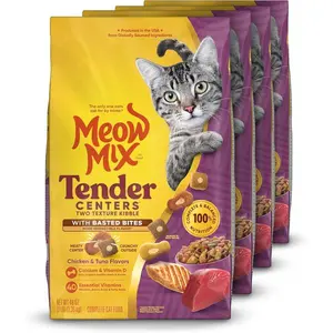 Meow Mix Tender Centers Dry Cat Food with Basted Bites, Chicken & Tuna Flavors, 3 Pound Bag (Case of 4)