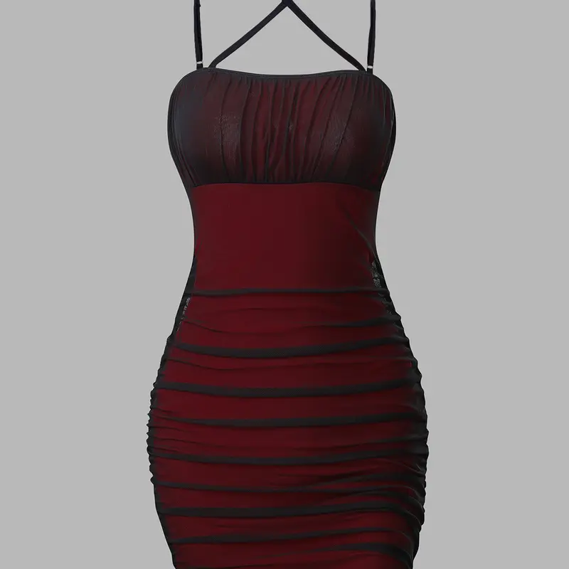 DealsForYouDays Spring Mesh Ruched Spaghetti Strap Criss Cross Backless Mini Bodycon Cami Dress