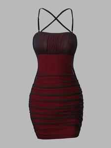 DealsForYouDays Spring Mesh Ruched Spaghetti Strap Criss Cross Backless Mini Bodycon Cami Dress