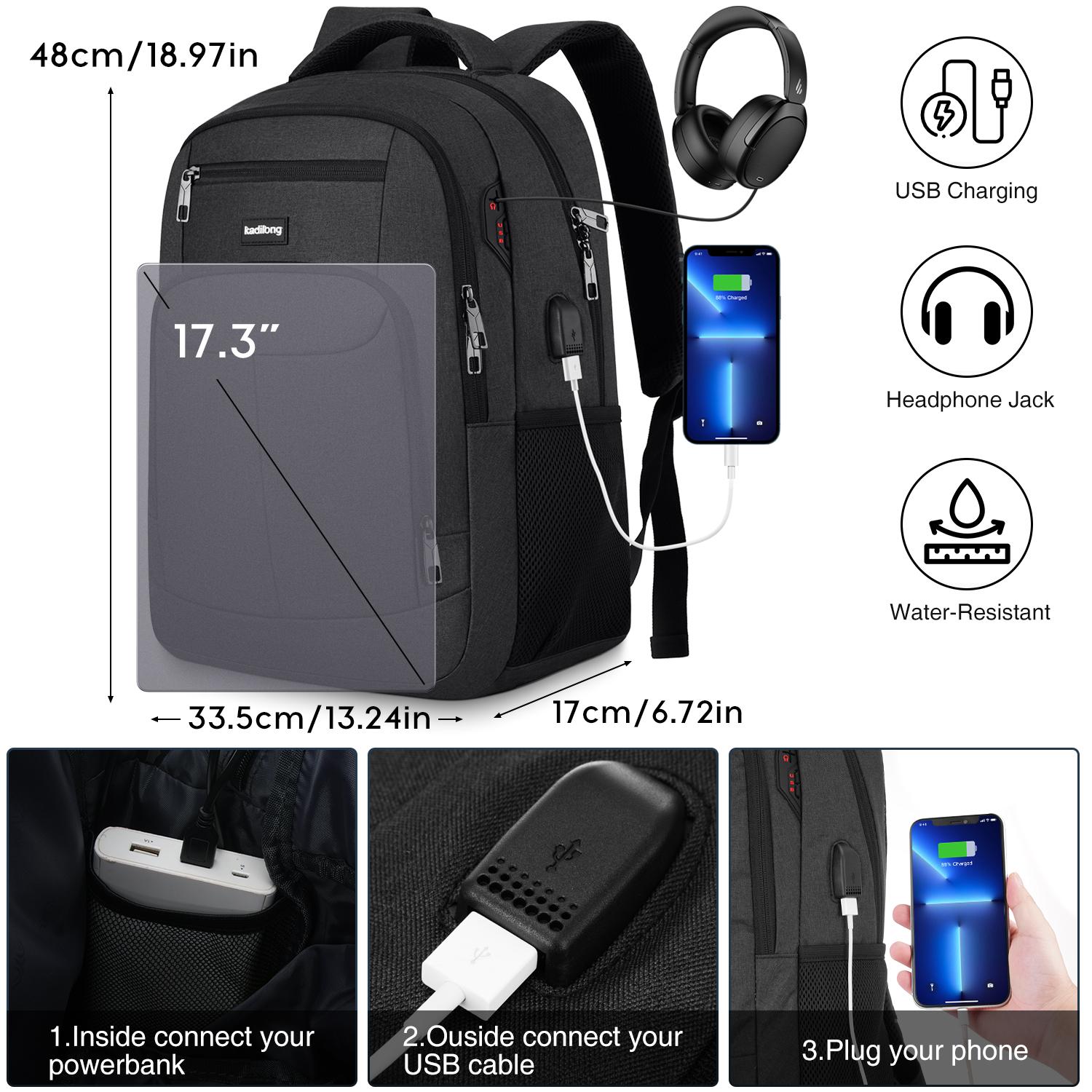 kadilong  Backpack with USB & Headphone Jack | Water Resistant Anti-theft Travel Backpack with Luggage Strap  Large Capacity Business Laptop Backpack for Men | Breathable Work Backpack with Multiple Pockets & Fully Padded Laptop Sleeve