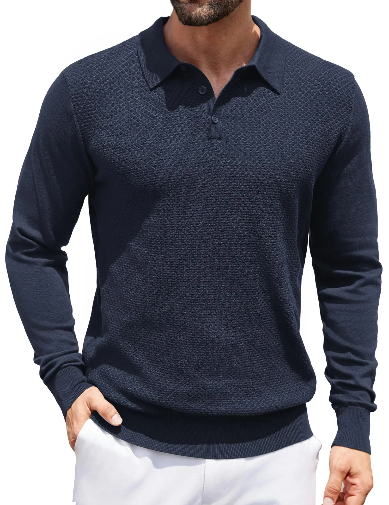 COOFANDY Men's Knit Polo Shirts Long Sleeve Collared Sweater Casual Quarter Button Golf Pullover