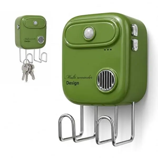 Motion-Activated Door Exit Reminder with Key Holder - Auto Alert, Infrared Sensor, PVC Adhesion, Voice Trigger, Recordable Voice, Wall-Mount, No WiFi, No Drilling, Batteries Not Included (Green, for Forgetful Seniors)