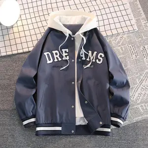 A hooded letter jacket, featuring a casual and simple style. The hooded design is sleek and elegant, while the overall design is practical and versatile. The letter embroidery adds a touch of sophistication, and the striped accent at the cuffs completes t