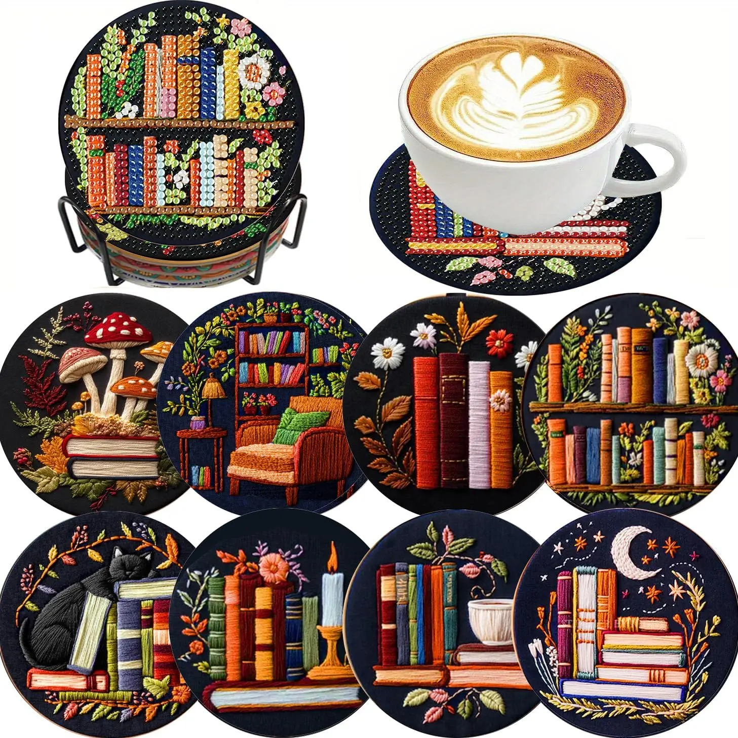 8Pcs Full Drill Round Diamond Painting Coasters Set, DIY Craft Kit With Holder, Ideal Gift For Adults Kids Party Favors, Tray