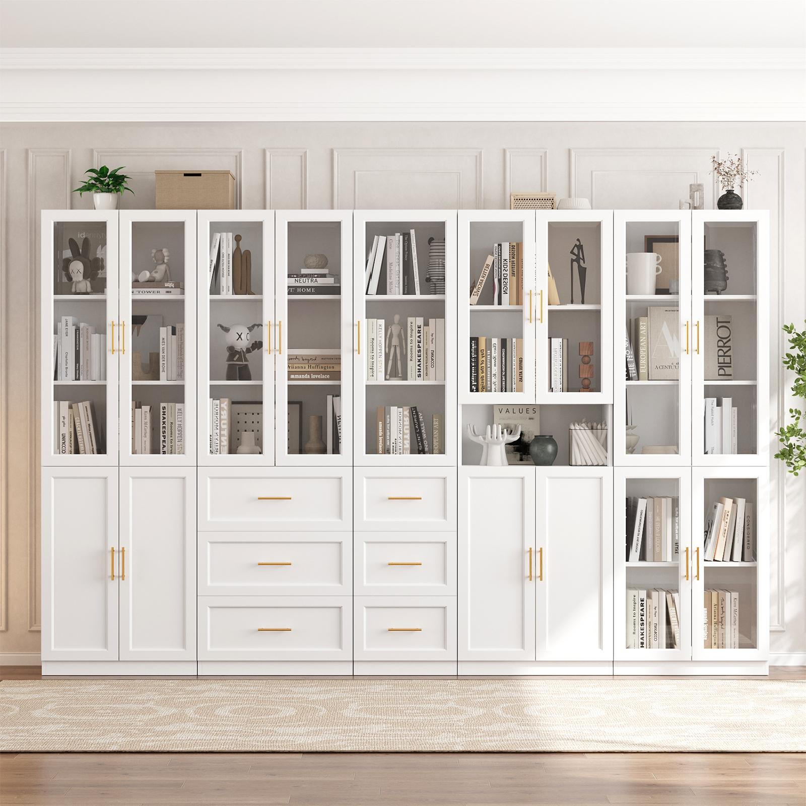 VOWNER Bookcase with Glass Doors & Drawers, 5 Tier Bookshelf with Adjustable Shelf, Storage Display Cabinet, Home Offic