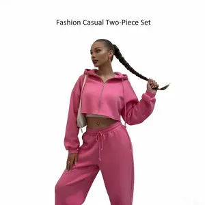 Women's Solid Zip Up Crop Drawstring Hoodie & Drawstring Waist Sweatpants, Casual Fashion Cozy Breathable Two Piece Outfits for Daily Outdoor Wear, Women Clothes for Fall & Winter, Airport Outfit