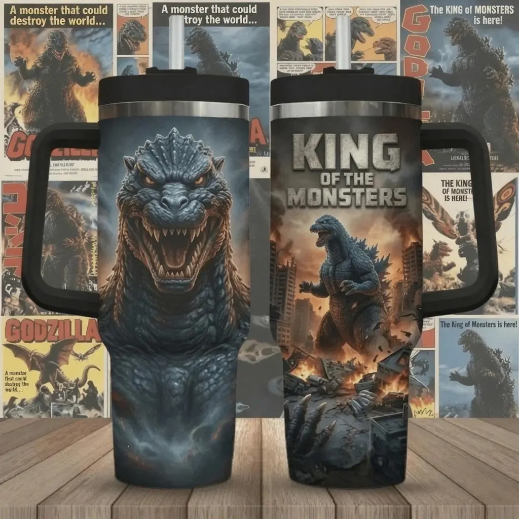 Godzilla King of the Monsters 40oz Tumbler with Handle, Godzilla Fan Gift, Kaiju Stainless Steel Travel Mug, Monster Movie Insulated Cup, Godzilla Lover Gift