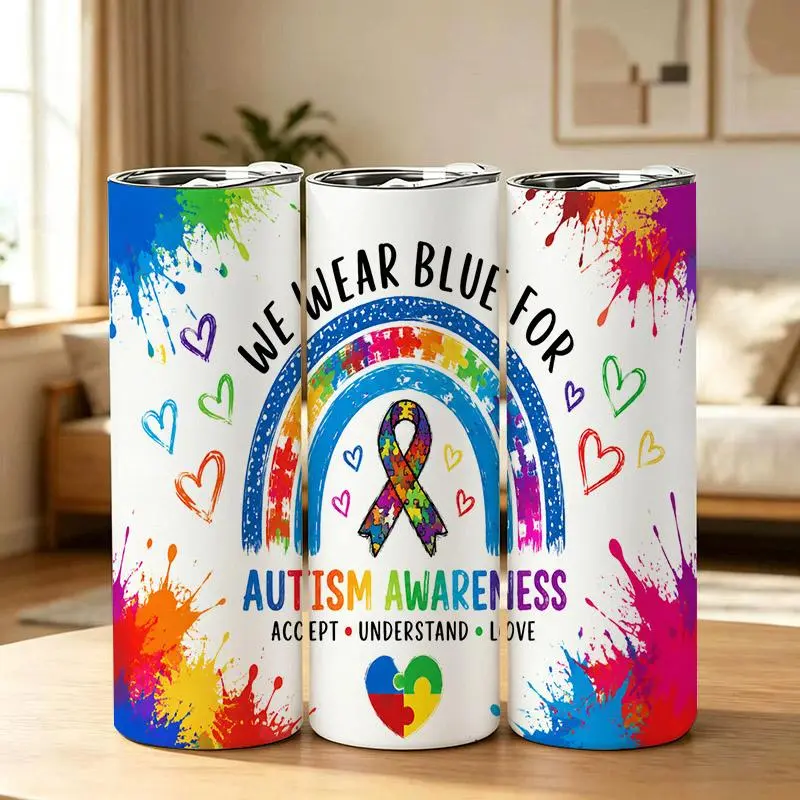 20oz Autism Awareness Rainbow Puzzle Ribbon We Wear Blue Colorful Hearts Stainless Steel Tumbler， Tumbler with Lid Vacuum Insulated Travel Mug， Coffee Cups With Lids， Perfect Gifts For Birthday Holidays Gifts For Women and Men.
