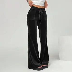 2025 Women's wear simple and elegant velvet casual pants for autumn and winter, drawstring to slim legs, wide-leg long pants