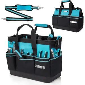 16-Inch Heavy Duty Tool Bag with  Hard Bottom, Tool Bag Organizer Wide Open Mouth with 18 Pockets, Portable Toolbag for Men Mechanic Electrician Plumber HVAC