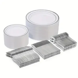 150-Piece Silver Color Plastic Tableware Set, Elegant Design, Includes Dinner Plates & Dessert Bowls, Perfect for Weddings & Parties