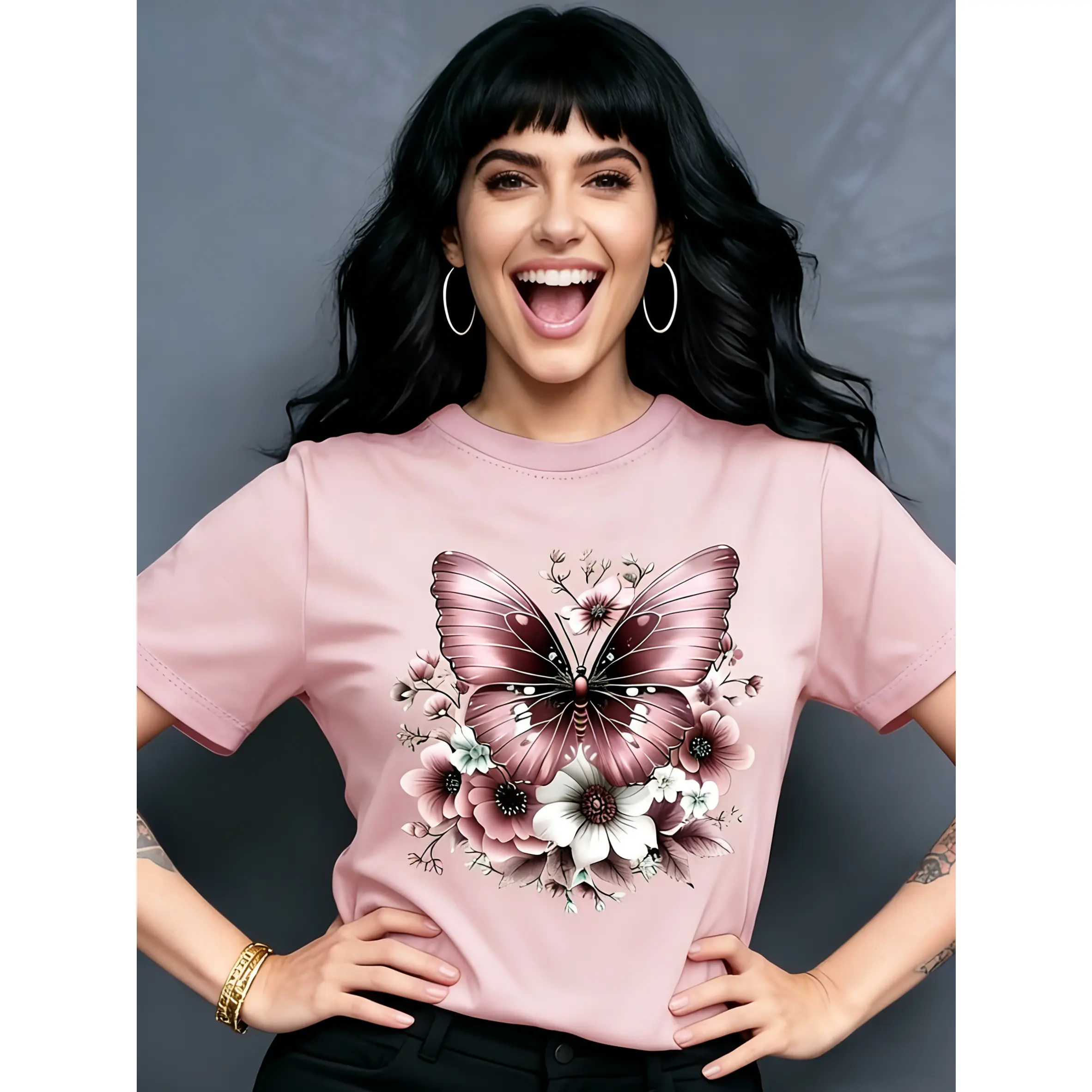 Women's 100% Cotton Basic Graphic Tee - Short-Sleeve Round-Neck Casual Tshirt, Butterfly & Flower Print, Spring-Summer Wear, Ideal Birthday & Holiday Gift