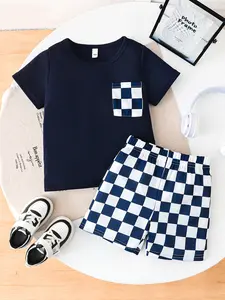 Boys Summer Casual Shorts Set, Clothes Kids, Blue Grid Round Neck T-Shirt & Crossed Shorts, Loose-Fitting, Comfortable, Trendy Athletic Sports Clothing