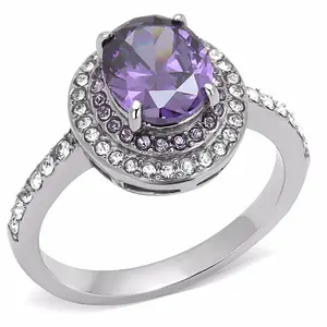 Lanyjewelry Women's Hypoallergenic Multi-Size Stackable Stainless Steel Cocktail Wedding Ring - 9x7mm Oval Non-Natural Amethyst CZ Center, Ideal for Wedding Occasions, Wedding Rings