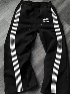 Men's Casual Sporty Long Pants, Star Pattern Side Striped Fashion Sweatpants, Drawstring Wide Leg Loose Fit, All Seasons Wear, Athleisure Style