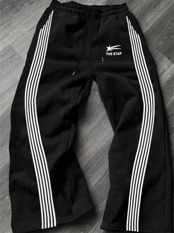 Men's Casual Sporty Long Pants, Star Pattern Side Striped Fashion Sweatpants, Drawstring Wide Leg Loose Fit, All Seasons Wear, Athleisure Style
