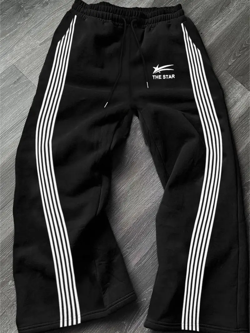 Men's Casual Sporty Long Pants, Star Pattern Side Striped Fashion Sweatpants, Drawstring Wide Leg Loose Fit, All Seasons Wear, Athleisure Style
