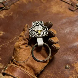 Handmade Cow Tag Belt Key Holder with Copper Initial – Custom Western Keychain, Texas-Inspired Fashion Accessory for Bags, Keys & Gifts perfect family men jewelry