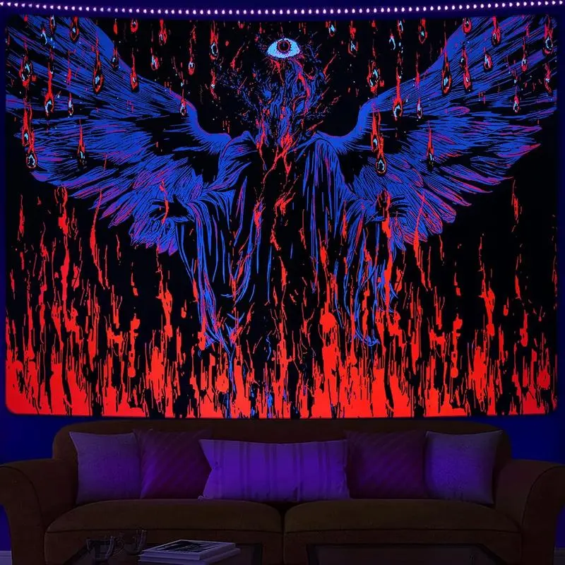 Uspring Durable Decorative Tapestry - Blacklight Gothic UV Wall Hanging with Devil Wings, Psychedelic Spooky Fantasy Aesthetic Design, High Color Fastness Home Decor Item (36.02x48.03 in) for Cool Room Decor