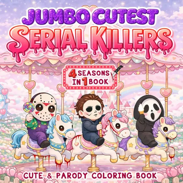 Jumbo Darkly Playful Serial Killers Coloring Book - English Paperback, 4 Seasons in 1 Mix, Bold Single-Sided Pages, 8.5x8.5 Inch Square Format, Cozy Chaos & Calm Balance, Comforting Yet Humorous Escape, Adult Horror Fan Casual Activity Book