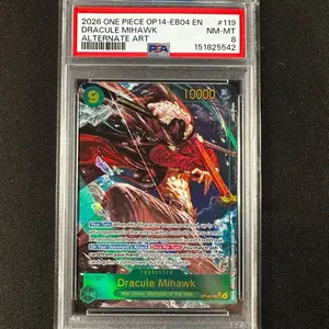 PSA 8 Graded Dracule Mihawk Alternate Art Collectible Trading Card - Authentic, English, NM Condition, Colorful Art