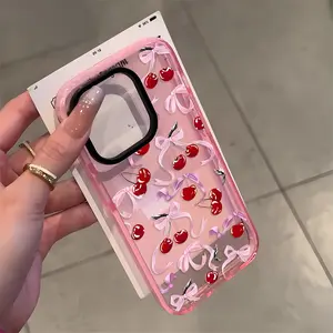 for iPhone 13 Pink Cherry Bow Pattern Phone Case for iPhone 17 16 15 14 Pro Max 13 12 11 Plus Clear Crystal Drop-proof Slim Silicone Shockproof Transparent Protective Cover