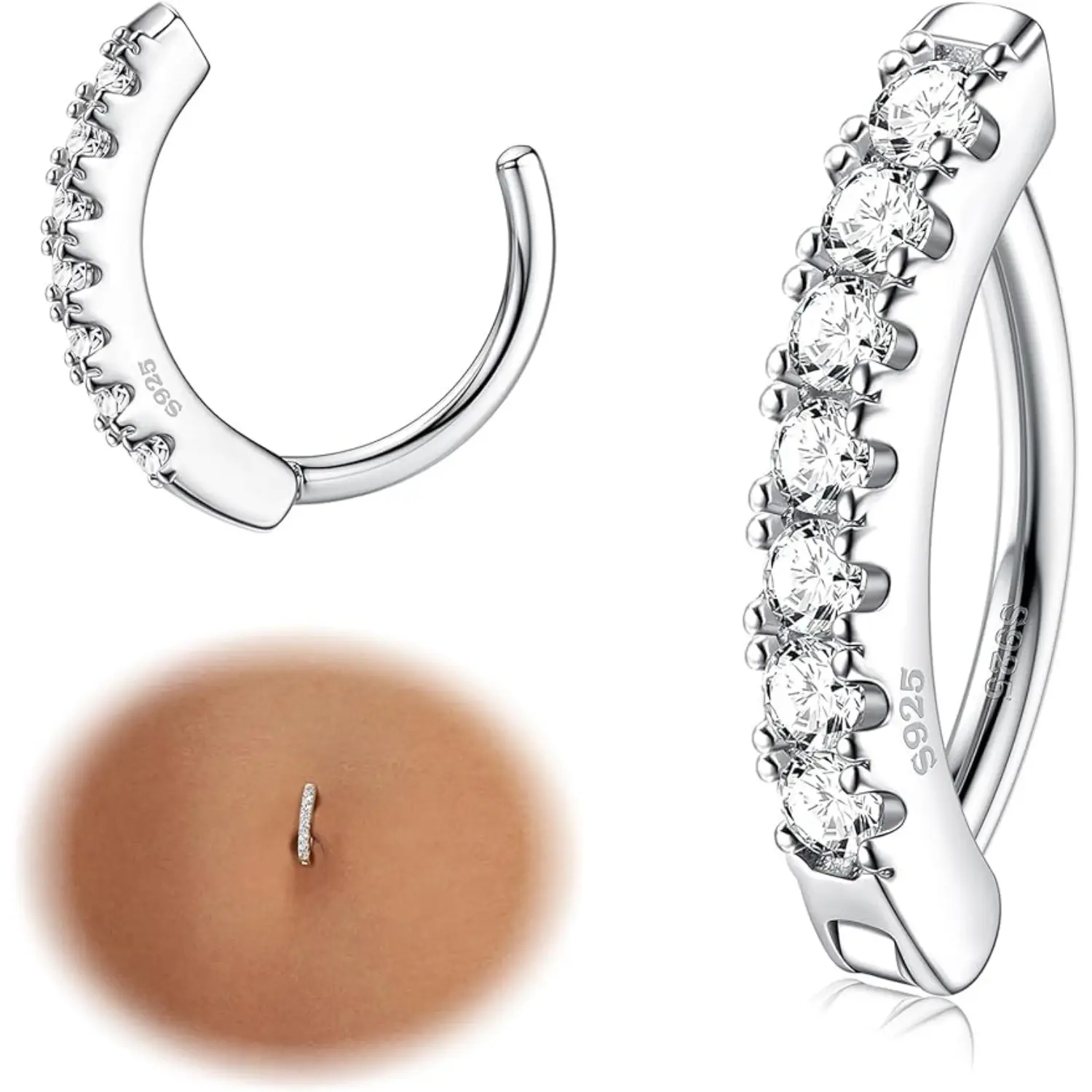 Fansilver 14G Belly Button Rings for Women Hypoallergenic Cubic Zirconia Paved Reverse Curved Navel Rings Barbell Belly Piercing Jewelry