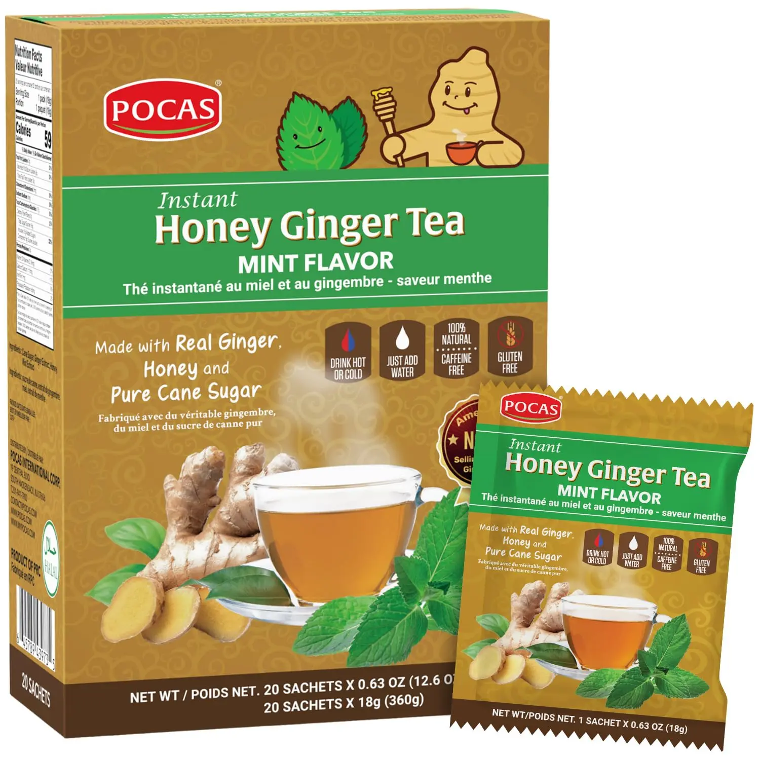 Pocas Honey Ginger Instant Tea Powder, Mint Flavor, Real Ginger Extract & Sweetener, Caffeine-Free Tea, 20 Packets