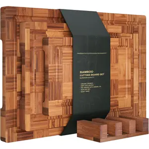 Boards for Kitchen,Chopping Boards Set with Juice Groove,End Grain  Butcher Block,Serving Board with Holder(3 Pcs)